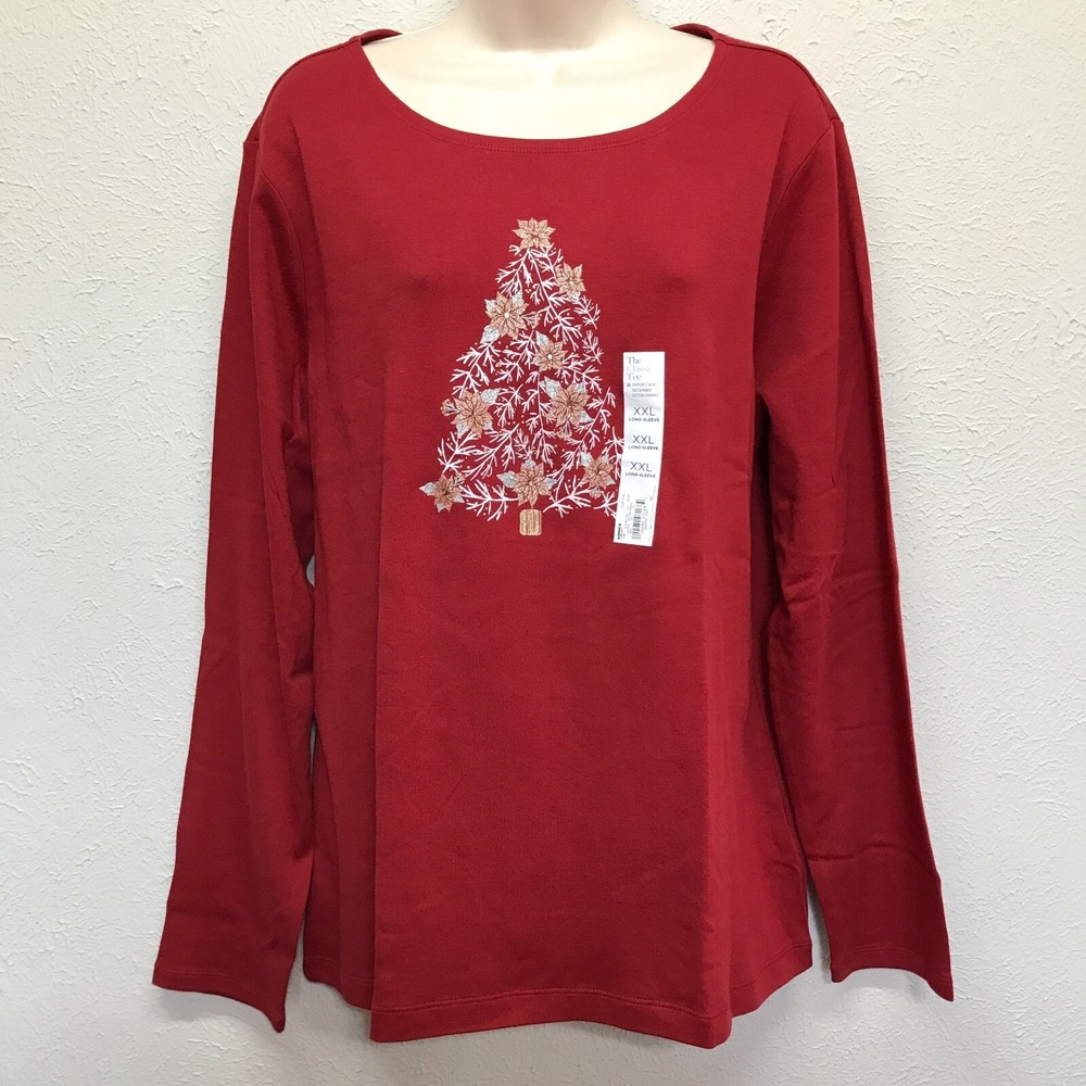 Croft & Barrow Classic Tee Womens XXL Red Christmas‎ Tree Long Sleeve